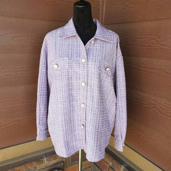 NWT Andree by Unit Boutique Cotton Shacket Size Medium Purple Plaid Tweed Jacket - Picture 3 of 17